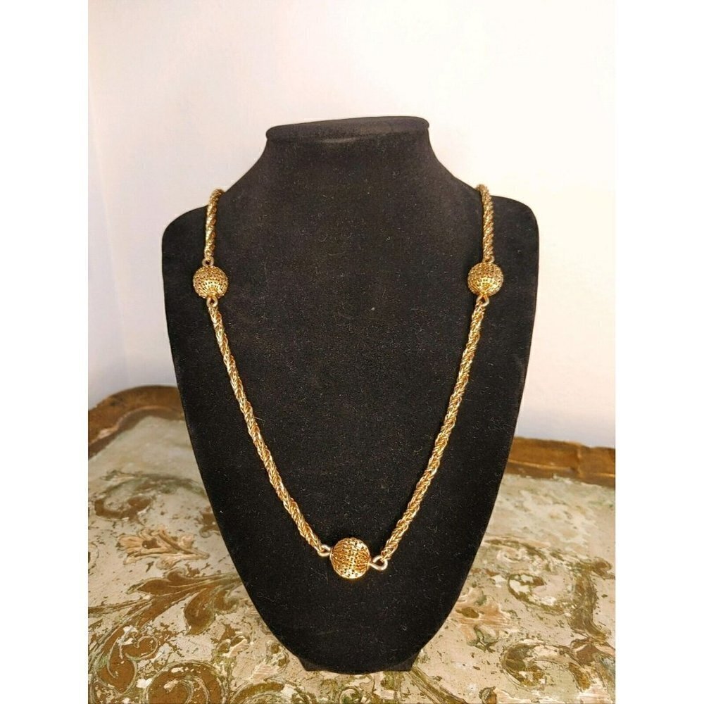 Gold Tone Rope Necklace Twisted Chain with Gold Tone Ball Spheres - Picture 2 of 10